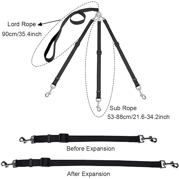 3 i 1 Hundetegn, med Justerbar Aftagelig Kobling, Holdbar Stærk Nylon Lang Line Hundeleder, til En, To, Tre Hunde Kæledyr Gåture Vandreture