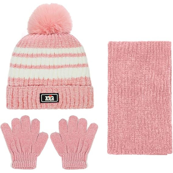 3-pack Vintermössa, Halsduk och Vantar för Barn 2-8 år - Pojkar och Flickor. Vintertillbehör Set, Tjock Stickad Varm Fleecefodrad Termisk Set Pink
