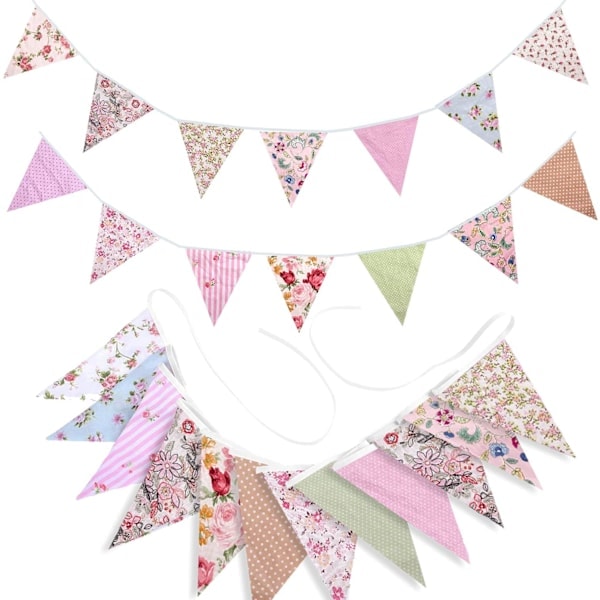 Stor Tygbanderoll, Blommig Vintage Triangel Flagga Irländsk Återanvändbar Bomullsblommor Vimplar Dekoration för Trädgårdsbröllop Födelsedagsfester Pink