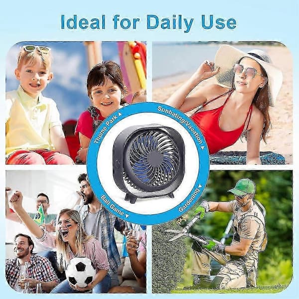 Genopladelig bordventilator, bærbar kontorventilator til studerende, kollegium, hjemme mini ventilator, lydløs. Blue