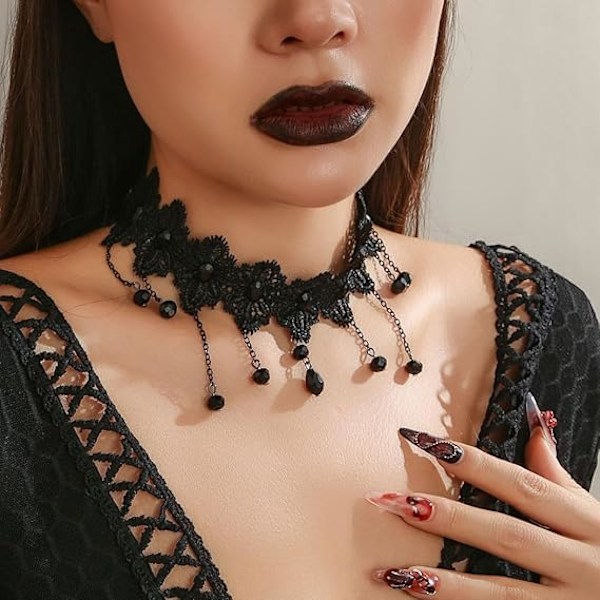 Gothic Blonde Choker Halskjede Svart Rhinestone Halskjeder Hul Blomst Choker Halskjeder for Kvinner 1
