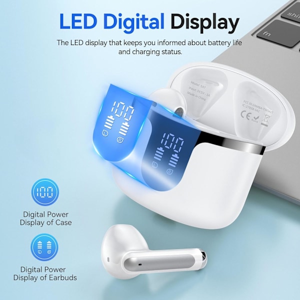 Bluetooth Hörlurar, Bluetooth 5.3 Trådlösa Hörlurar med LED-indikator, IP7 Vattentäta Hörlurar