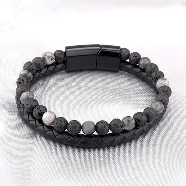 Herrar Pärl Läder Armband Natursten och Läder Armband för Män Presenter 4