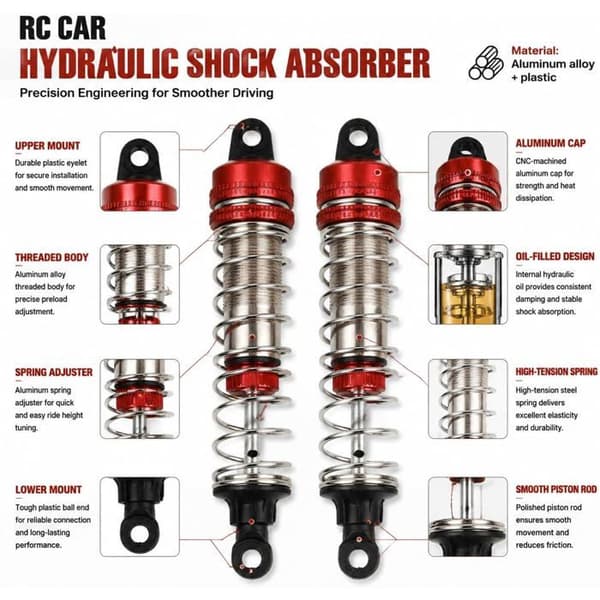 Hydraulisk støddæmper - 2 stk. - Aluminiumslegering - Stødabsorption - Til SCY 16101 RC-bil - 76 mm rød