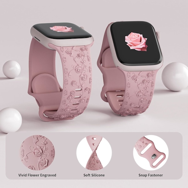 Kaiverrettu ranneke Apple Watch -hihnoille iwatch-hihna naisille, pehmeä silikoninen ruusun kukkakuvioinen hihna iWatch-sarjan hihnalle Starlight/Pink Sand 42/44/45mm