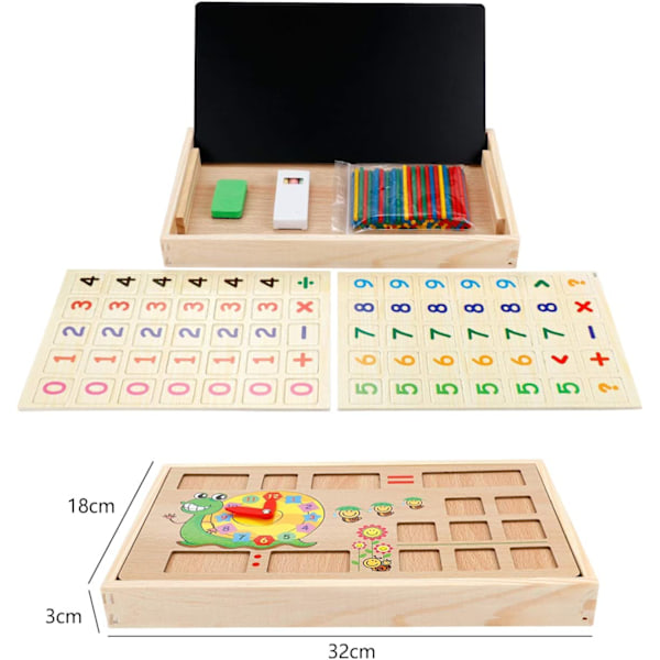 Puinen matematiikan lelu, oppilaatikko, numeropelit, liitutaululla