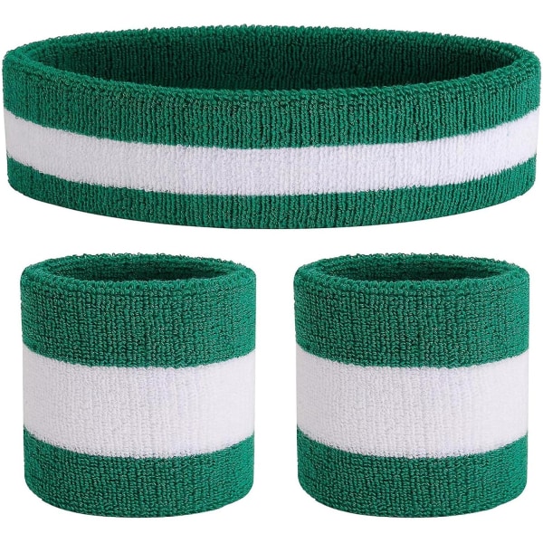 Set med 3 svettband Sport pannband handledsskydd svettband frotté handledsskydd basketboll handledsskydd och fukttransporterande pannband HEADW3- Green/White/Green