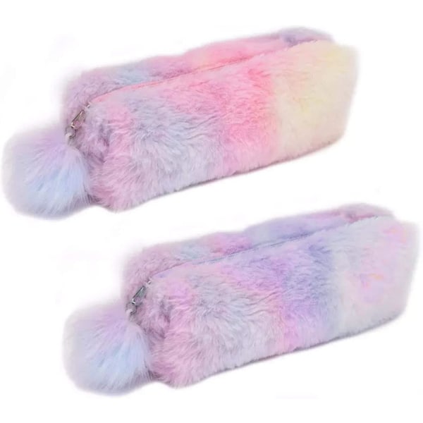 Plysch Rainbow case för flickor Fluffigt case Söt regnbågepennhållare Mjukt case Fluffig pennväska Sminkpåse Färgade förvaringsväskor
