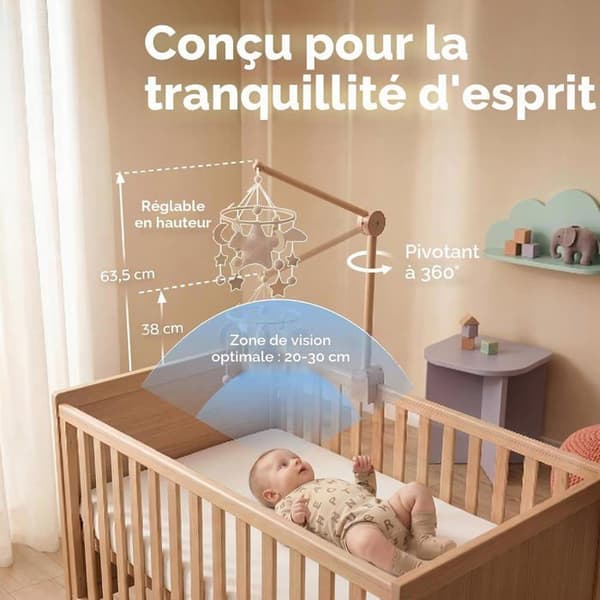 Babymobilställ - 1 enhet - Bokträ - Höjdjusterbart och 360° roterande - För lekhage/spjälsäng