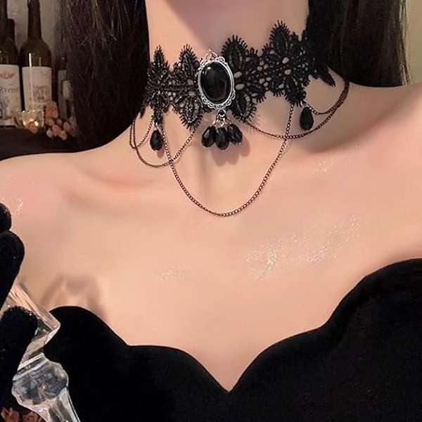 Gothic Blonde Choker Halskjede Svart Rhinestone Anheng Halskjede Hul Choker Halskjeder for Kvinner 2