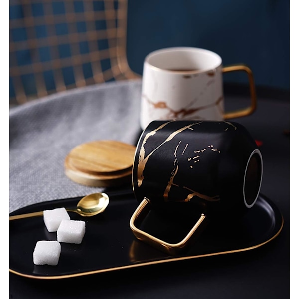 Porcelæn Te Kop Kaffe Kande Sæt til Eftermiddagste - Marmor Mønster (Sort, Kort 300ml + Træ Underkop)