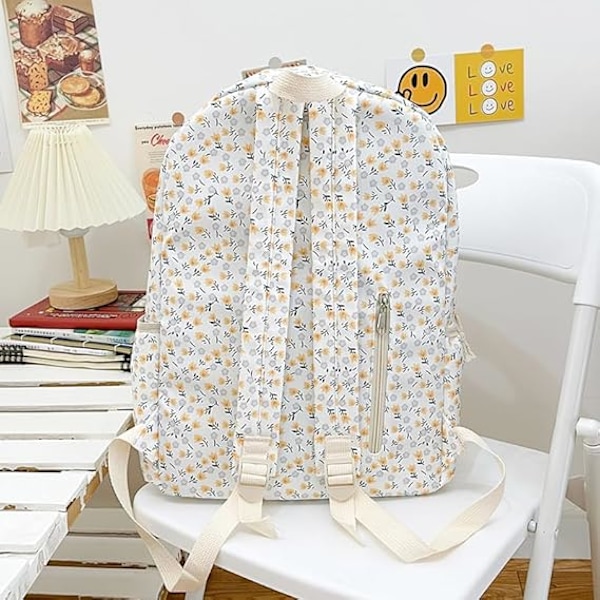Söt Ryggsäck Estetisk Skolryggsäck - Kawaii Skolväska Blommig Preppy Ryggsäck för Skolflickor Skolväska