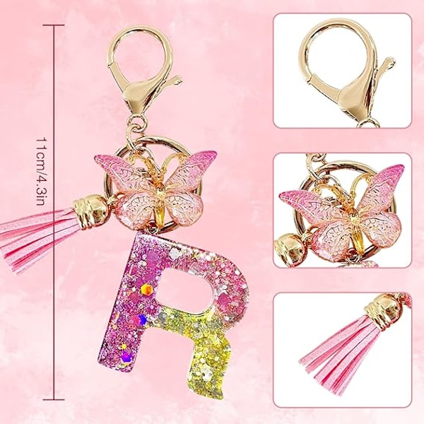 Alfabetet nøglering ringe Pink Cute nøglering med sommerfugl kvast vedhæng indledende bogstaver R