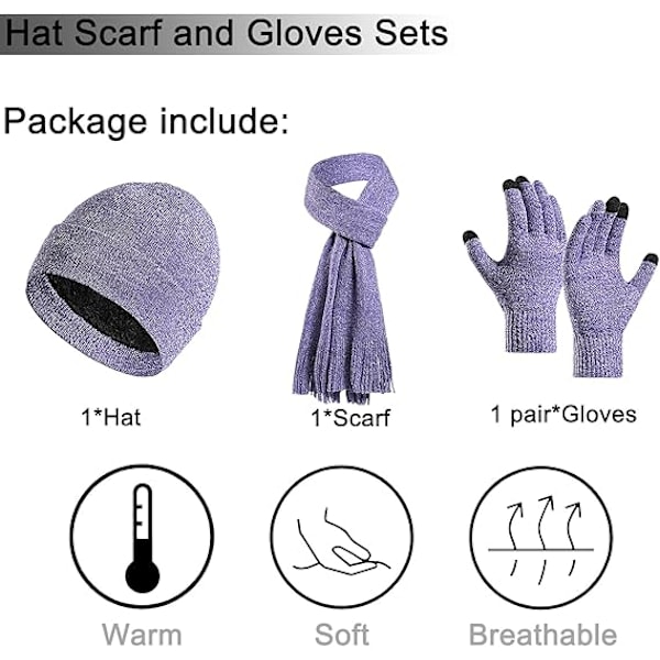 Vinter Unisex Beanie Hatt, Skjerf og Hansker Sett, Elastisk Strikket Hatt Langt Skjerf Berøringsskjermhansker Med Tykk Fleece Innerfôr for Menn og Kvinner Deep Purple