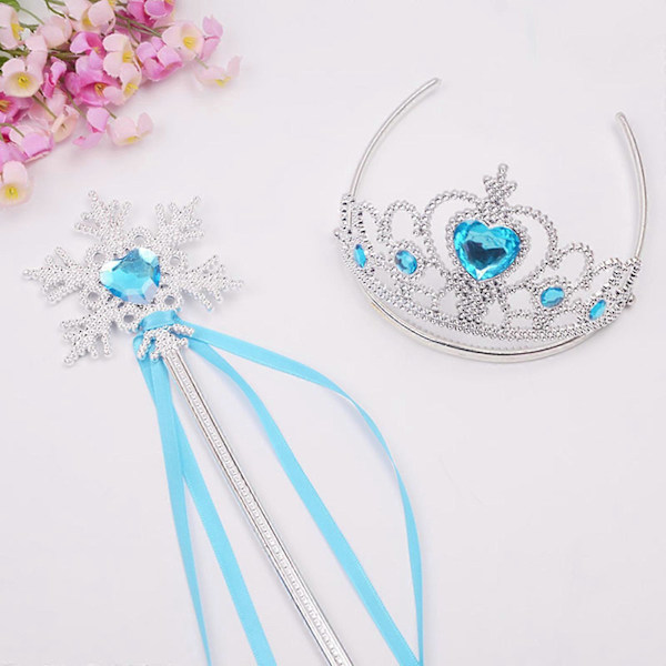 Prinsessan Elsas Krona Tiara och Trollstav Set Silver Hjärta Smycke Klä upp Kostymtillbehör för Småflickor Cosplay blue
