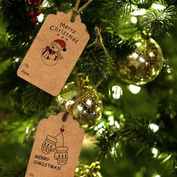 Julklappsetiketter - 50 Kraftpapperslappar med jutetråd