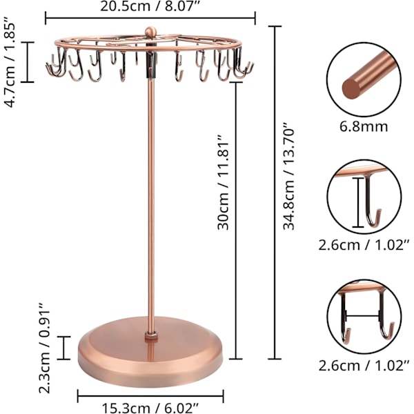 Metallisk roterande smyckeshållare displayställ (23 krokar) - Hängande arrangörstorn - Förvaring för halsband och armband, ringar och örhängen Copper