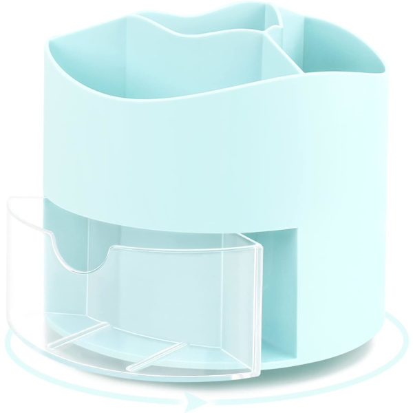 Roterende Pen- og Blyantsholder, 4 Rum Pen Pot - Skrivebordsstationær Opbevaring Makeupbørsteholder til Hjem og Kontor, Pen Organiser Desk Tidy Blue