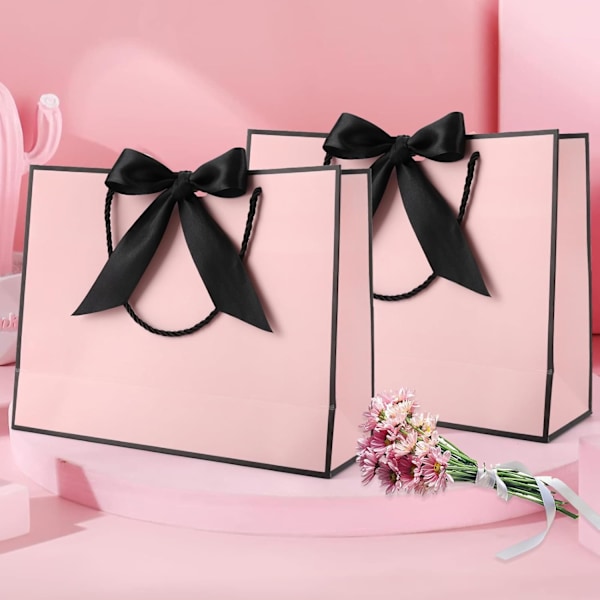 Gaveposer til gaver, papirgaveposer med sløyfebånd, gaveposer til bryllup, brudepiker, bursdag, fest, feiring, 12.6x9.8x3.9 tommer Pink-Black ribbon