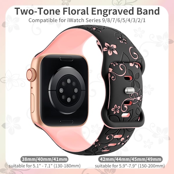 Blommiga graverade remmar kompatibla med Apple Watch-remmar för kvinnor, söta blommiga iWatch-band mjuka silikon sportremmar för iWatch-serien Black/Pink 42/44/45/49mm