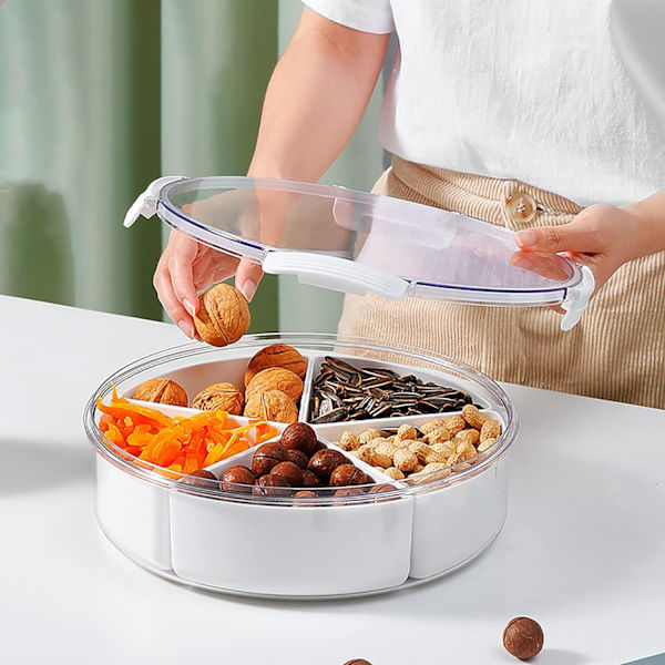 Serveringsbricka för nötter och godis, runda plastfat, matförvaringsbehållare, aptitretarebricka med 5 individuella skålar för nötter, torkad frukt, snacks, godis
