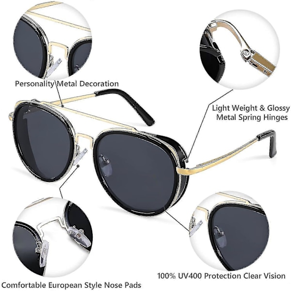 Retro Punk -aurinkolasit, pyöreät punk-tyyliset kaksoissiltalasit naisille ja miehille B2822 Grey Lens