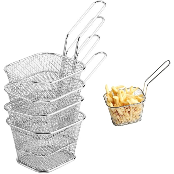 4 x Serveringskurver i rustfritt stål for pommes frites med håndtak, maskefrittbasket for reker og løkringer