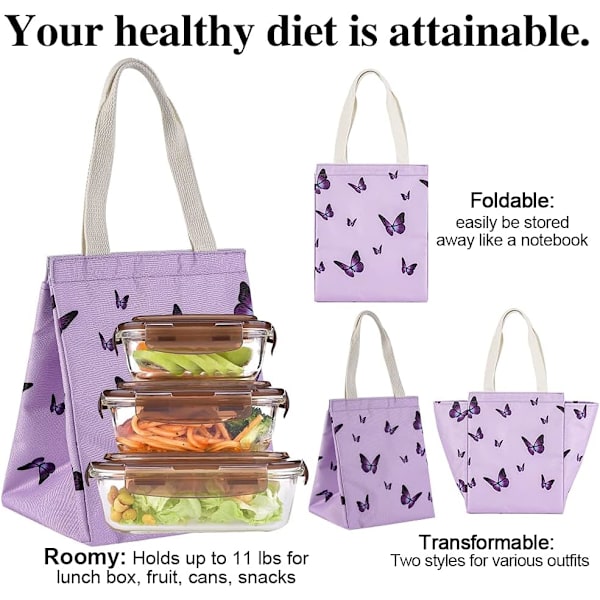 1 stk Isolerende Lunsjpose, Slitesterk Brettbar & Bærbar Lunsjpose med Innvendige Lommer, Vannbestandig Termisk Purple Butterflies