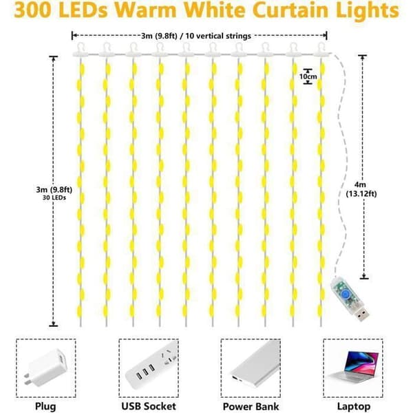 Lysgardin 3x3m 300 LED 8 Moduser USB Fjernkontroll Varm Hvit Julebryllup Hjemmedekorasjon