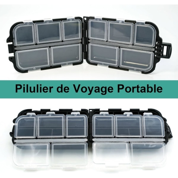 Pilleboks, Reisemedisinboks med 10 rom, Mini Tablettboks, Pilleboks black