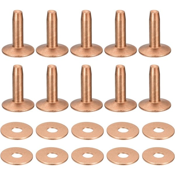 10 set kopparnitar och brickor, 10x3,3x14mm solida kopparnitar för läder DIY hantverkstillbehör, kopparton