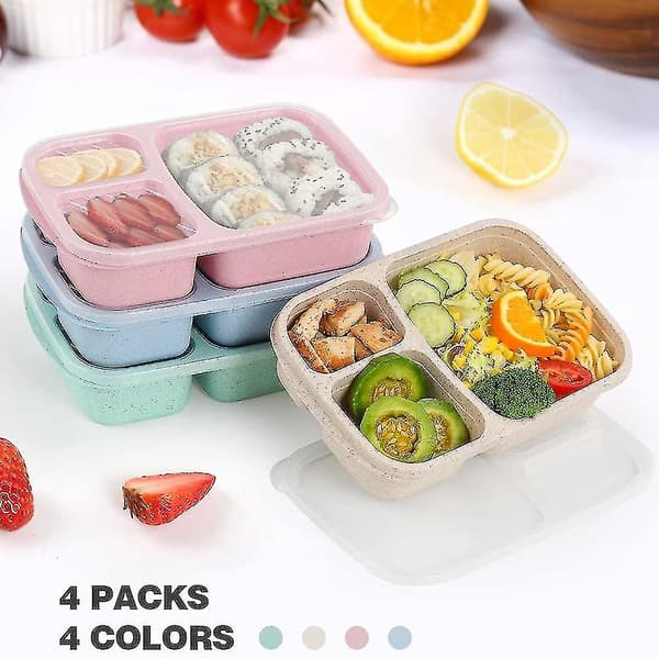 4-pakning Bento Matboks, 3-roms Matpreppbeholdere, Matboks for Barn, Gjenbrukbar Matlagring