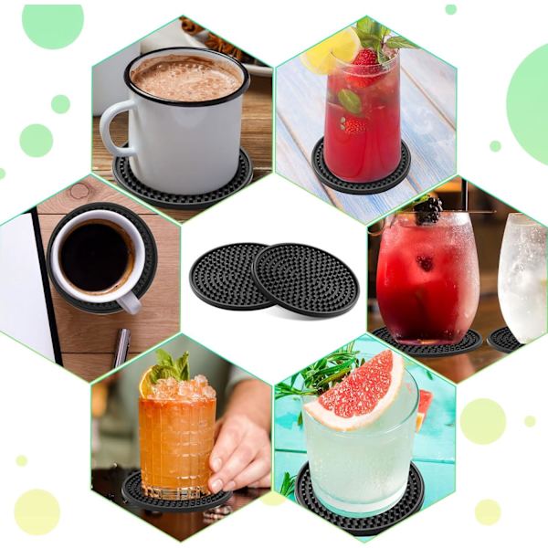 8 stk Sorte Underkopper, Tyk Design (0,5 cm) Runde Kopper Underkopssæt af 8, Silikon Underkopper til Drikkevarer, Kaffe Pads Øl Barmåtte Black（cylinder）