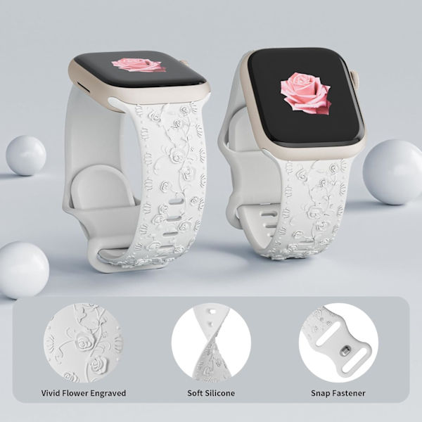 Gravert Rem for Apple Watch-reimer, iwatch-reim Kvinner, Myk Silikon Rose Blomstermønster Bånd for iWatch Series-reim Black/White 38/40/41mm