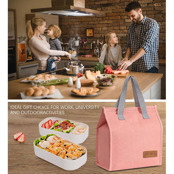 Lunsjposer for Kvinner Menn, Bærbar Isolerende Lunsjpose Vannresistent Lekkasjesikker Lunsjboks Tote Bag for Barn Jenter Gutter Voksne Pink