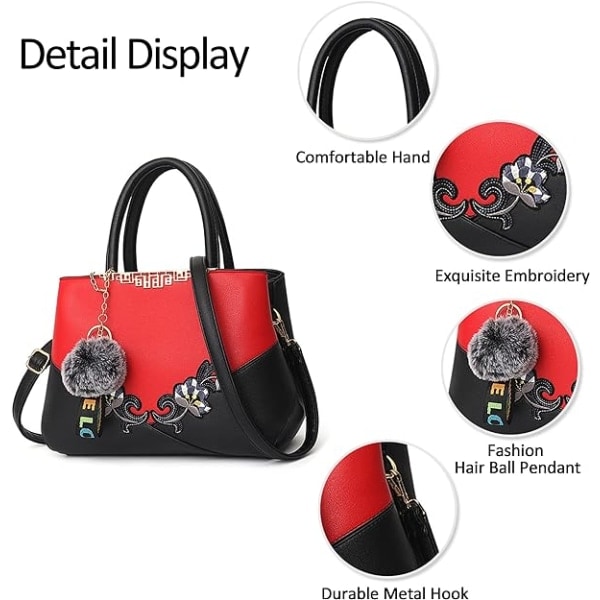 Dame Top Håndtaske Skuldertaske Pom Pom Dekoration Dame Tote Taske Messenger Taske Rejse Vandtæt PU Læder (Rød B+ Pom Pom Dekoration)