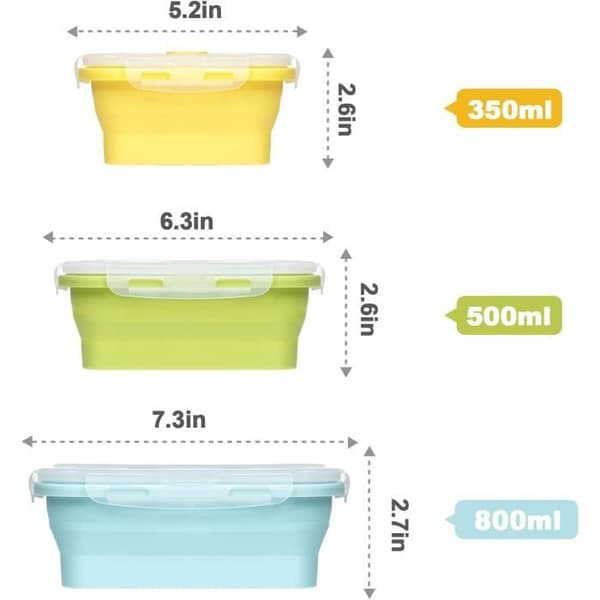 Hopfällbar matlåda i silikon, 3-pack hopfällbara matbehållare i silikon, Bento matlåda