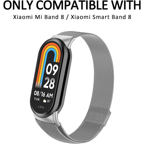 Rem för Xiaomi 8 män kvinnor, metallarmband för Xiaomi Mi Band 8 magnetiskt rostfritt stål mesh-rem med stark magnetism Silver