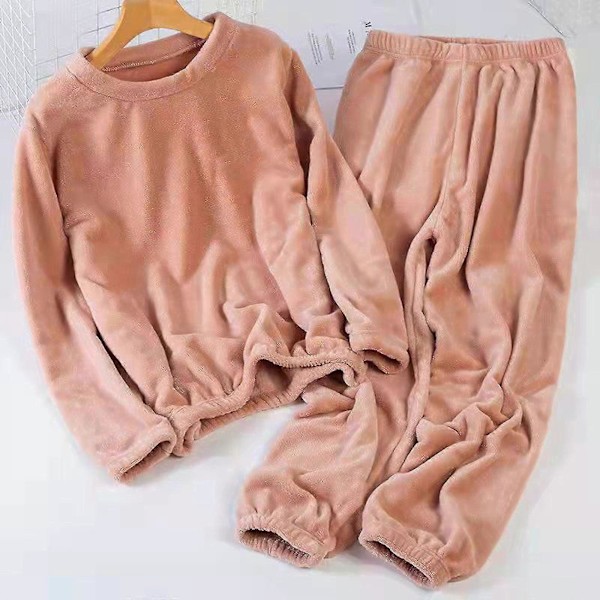 Tykt Varmt Dame Pyjamassæt Ensfarvet Pullover Rund Hals Pyjamas Til Pige Kvinde Kæreste Mor Peach One Size