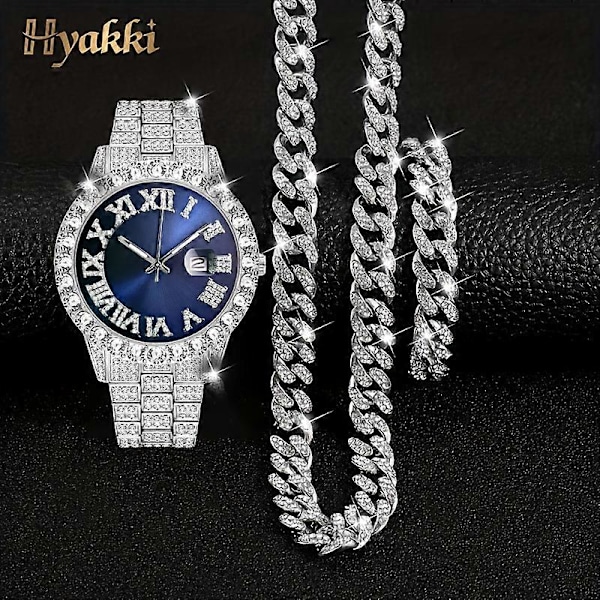 Mode Sølv Blå Ur Sæt Gaveæske Mænds Is Indlagt 12mm Kubansk Kæde Halsk Armbånd Ur Sæt Hip Hop Kæde Is Smykker Mænds Smykker Silver Blue2