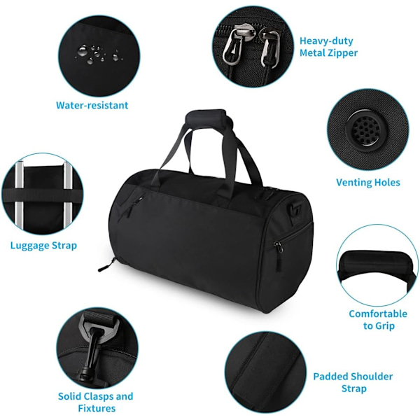 Sport Gym Bag for Kvinner og Menn, Gym Duffel Bag med Sko-rom og Vanntette Lommer Black