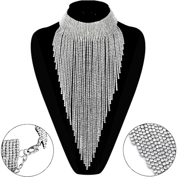 Rhinestone Statement Halskjede for Kvinner Tassel Bib Choker Krage Chunky Kostymesmykker B