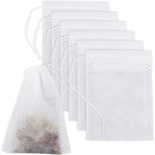 100 st återanvändbara tepåsar 9 x 7 cm tomma tepåsar med dragsko, tefilter löst teinfuser för te krydda