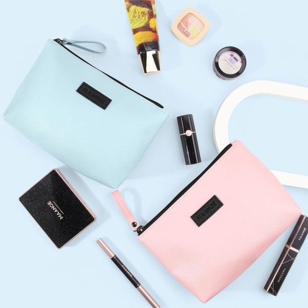 Lille Kosmetiktaske til Håndtaske Lille Makeup Taske Bærbar Rejsetaske Vandtæt PU Læder Makeup Taske med Håndtag Pink and Blue
