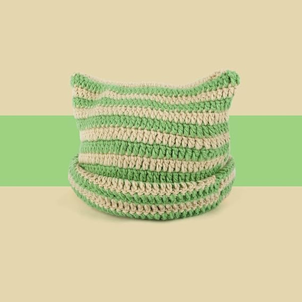 Hatt med katteører i strikket ull til kvinner, varm vinterlue med elastisk strikk, slouchy for jenter, voksne og barn Green