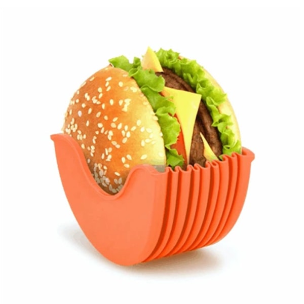 Burgerhållare, återanvändbar hamburgare fast box, expanderbar hamburgare utan kladd, hamburgare i silikon orange