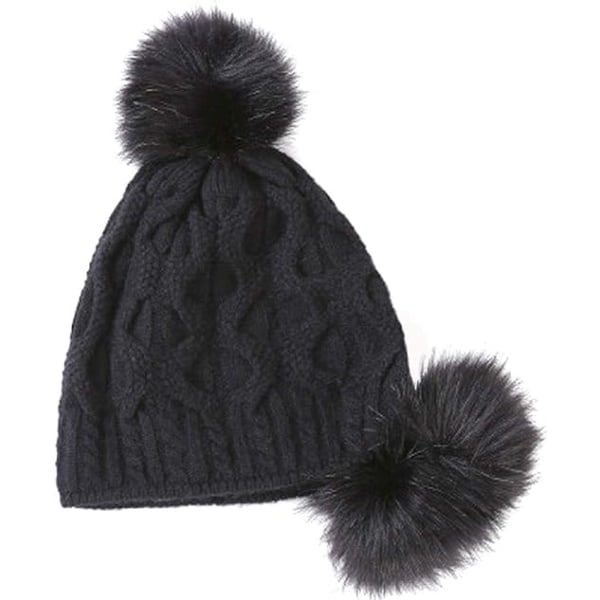 Vinterhue til kvinder, strikket med pompon, vindtætte øreklapper Black