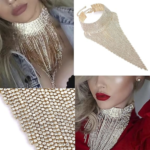 Rhinestone Statement Halskjede for Kvinner Tassel Bib Choker Krage Chunky Kostymesmykker A
