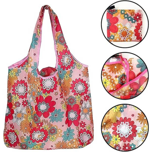 2 Genanvendelige Indkøbsposer, Miljøvenlige Flip Indkøbsposer, Blomster Pastoral Stil Håndtaske (Pink, Blå)