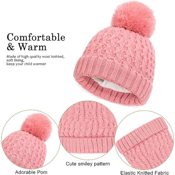 Vintermössa, Halsduk och Vantar Set för Barn, 3-Delar Stickad Varm Crochet Tjock Fluffig Halsduk Pom Pom Mössa Två Fingrar Touch Screen Vantar Set Pink2